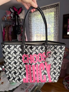 Juicy Couture Black & White Tote with Hot Pink 'CHOOSE JUICY' Lettering
